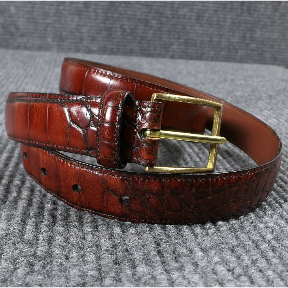 VTG Bobby Jones 38 Brown Embossed Croc Calfskin Leather Belt Handmade USA 3455